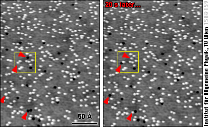 Two subsequent images of an AgPd alloy surface with a few O atoms