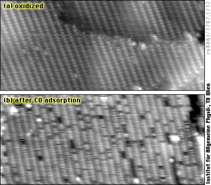 STM images of RuO<sub>2</sub> before and after reaction with CO