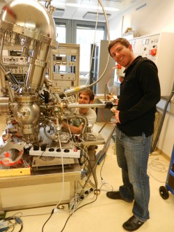 Gareth S. Parkinson and Giacomo Argentero working in Omega lab
